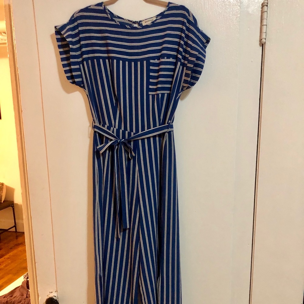 Blue striped jumpsuit.
